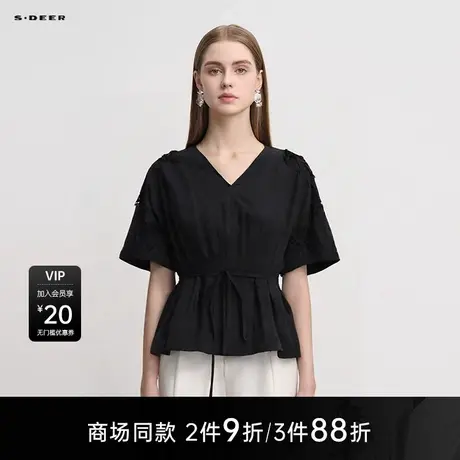 【商场同款】sdeer圣迪奥女田园风V领绣花收腰短袖上衣S25283221图片