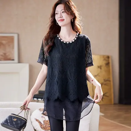 宝诗黎假两件钉珠短袖蕾丝衫2025夏季时尚宽松百搭休闲气质上衣女商品大图