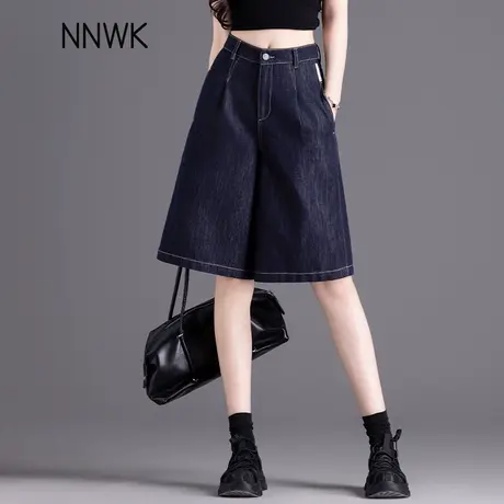 深蓝色五分牛仔短裤女夏薄款2025新款天丝直筒阔腿裤高腰宽松中裤商品大图