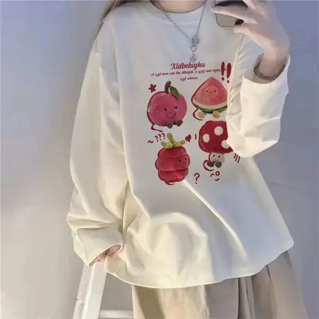 韩版chic小众上衣女纯棉宽松大码长袖T恤春夏ins潮百搭薄款打底衫商品大图