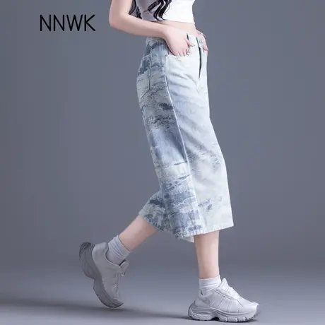 水墨扎染印花六分阔腿牛仔裤女2025新款夏薄款宽松直筒裤七分中裤商品大图