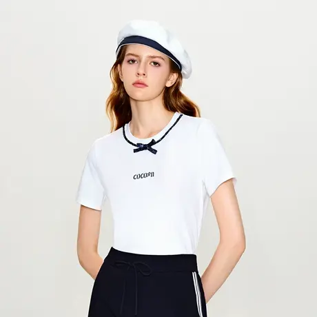可可尼COCOON 商场同款春季撞色领边蝴蝶结装饰经典白色短袖T恤女商品大图