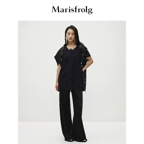 【重工蕾丝】玛丝菲尔春季黑色百搭镂空设计感衬衫上衣女商品大图