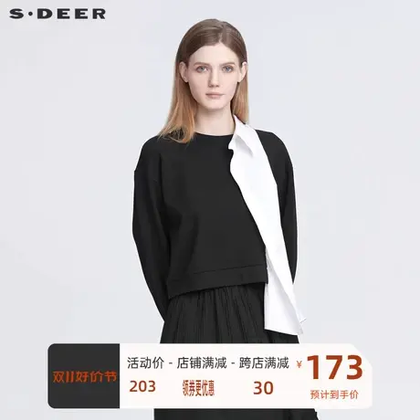 sdeer圣迪奥女装个性翻领拼接不规则假两件短款卫衣S22182217图片
