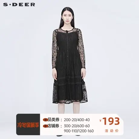 sdeer圣迪奥女装复古蕾丝镂空纯黑长外套风衣S20281801图片