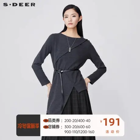 sdeer圣迪奥女装时尚圆领不规则拼接收腰长袖T恤S21480211图片