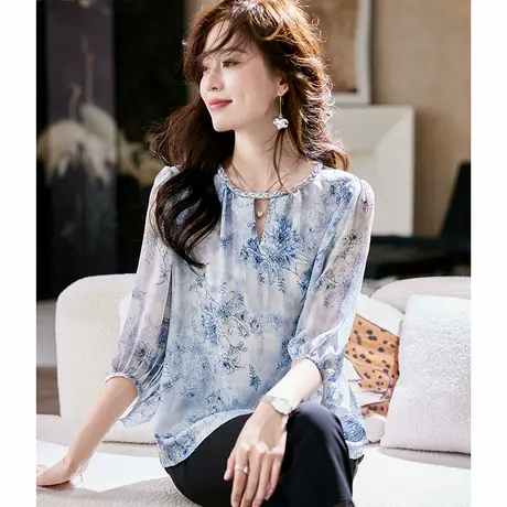 宝诗黎七分袖印花宽松雪纺衫2025夏季洋气慵懒减龄气质百搭小衫图片