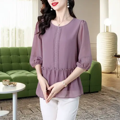 2025年新款夏季中袖女士雪纺衫洋气妈妈上衣轻盈透气大码显瘦小衫商品大图