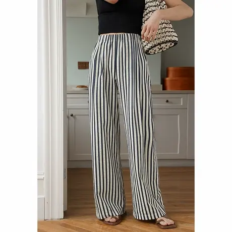 弥古2025新款夏季条纹阔腿裤女高级感高薄款腰直筒显瘦长裤休闲裤图片