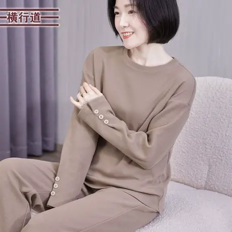 华夫格宽松圆领卫衣大码女装中年妈妈装长袖套头上衣简约春装新款图片