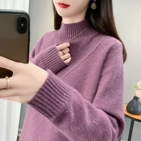 2024秋冬新款半高领毛衣女亮片套头针织衫洋气外套显瘦长袖上衣商品大图