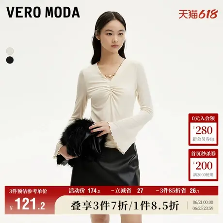Vero Moda奥莱T恤女春夏新款V领喇叭袖捏褶上衣优雅气质百搭流行商品大图