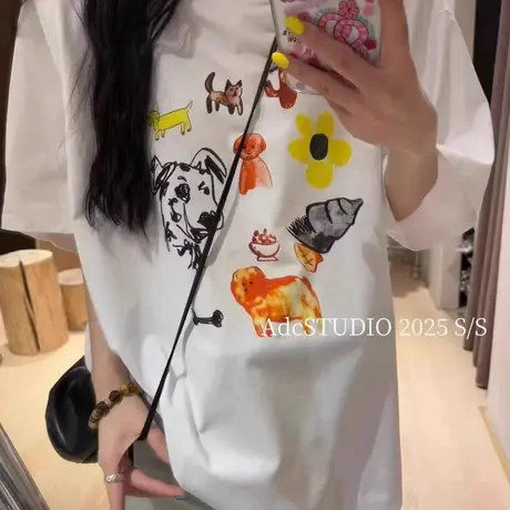 十三行2025夏季新款趣味卡通印花圆领垫肩宽松百搭短袖T恤女上衣图片