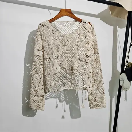 勾花镂空针织衫女夏季新款波西米亚度假风设计感小众短款上衣外穿图片