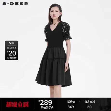 sdeer圣迪奥女装V领网纱拼接不规则连衣裙S222Z1289商品大图