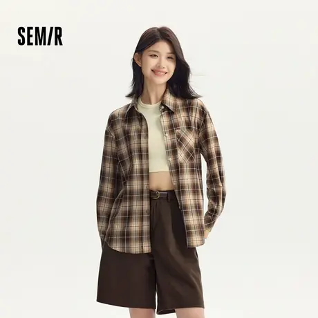 [商场同款]森马长袖衬衫女2025秋新款中长款慵懒宽松复古格纹衬衣图片