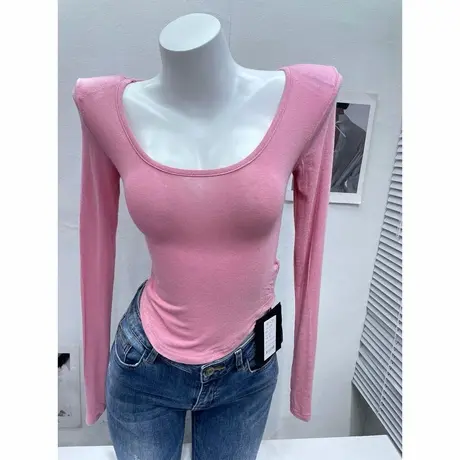 颜色高及~糖果色大圆领紧身性感长袖T恤女薄款微透垫肩打底衫春夏图片