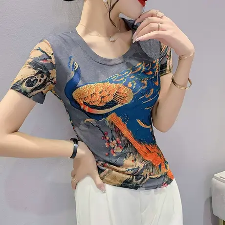 女装2024新款潮圆领T恤短袖性感网纱小衫ins印花修身别致上衣夏季商品大图