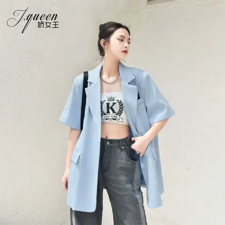 短袖西装外套女夏季薄款宽松蓝色英伦风时尚贴标休闲廓形小西服潮商品大图