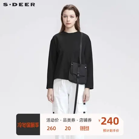 sdeer圣迪奥女装时尚圆领拼接口袋黑色长袖T恤S22180201🅿商品大图