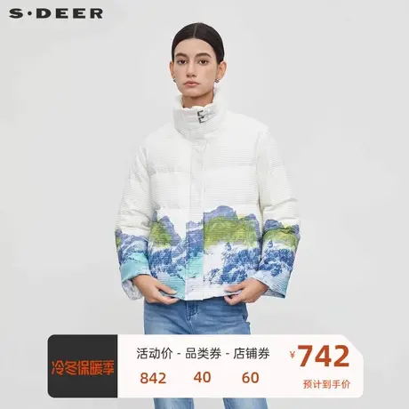 sdeer圣迪奥女装时尚立领晕染印花短款羽绒服S23463104🖥商品大图