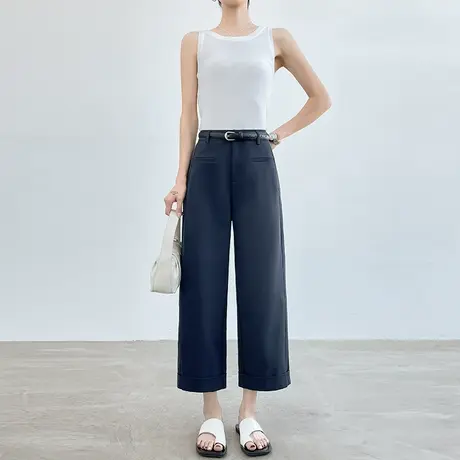 藏青色九分直筒阔腿裤女夏季薄款显瘦翻边小个子八分西装休闲裤子商品大图