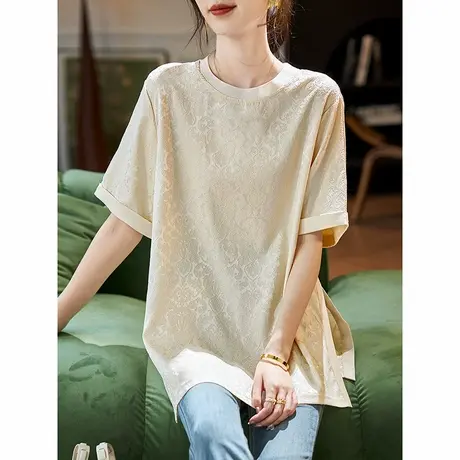 宝诗黎圆领提花宽松短袖雪纺衫2025夏季简约高级感开叉休闲上衣女商品大图