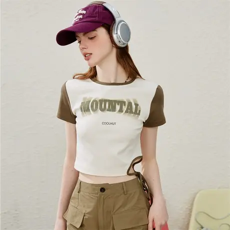 复古辣妹风修身短款上衣夏季侧腰个性绑带设计女式T恤商品大图