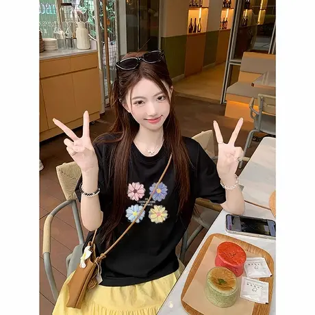 2025新款夏季纯棉宽松大版黑色显瘦短袖t恤女减龄花朵印花上衣ins商品大图
