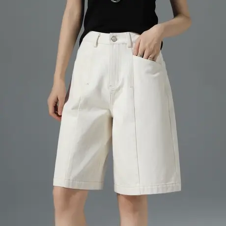 白色牛仔短裤女夏季薄款2025新款高腰宽松直筒阔腿五分裤a字中裤图片