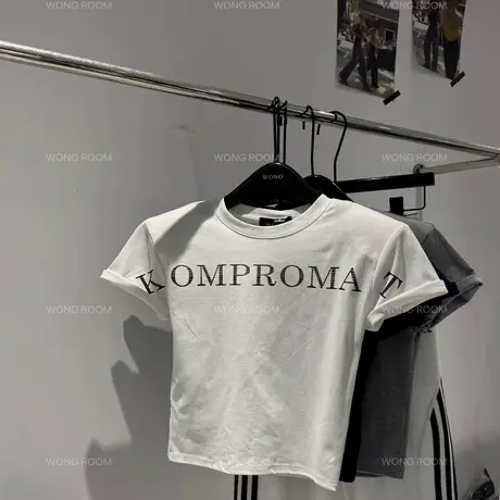 2025夏新款字母印花短款打底t恤女修身显瘦辣妹正肩短袖纯欲上衣商品大图