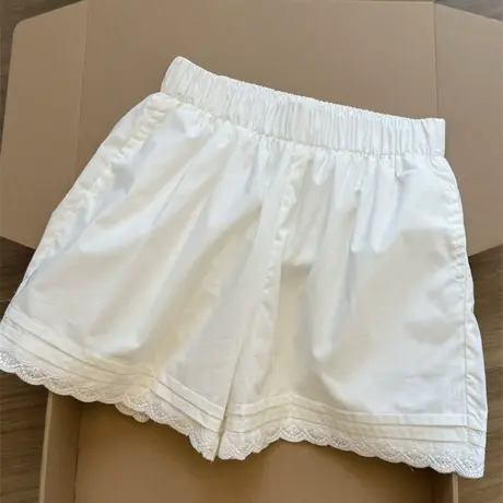 洋气时髦白色阔腿短裤女夏季2025新款高腰宽松蕾丝花边休闲运动裤图片