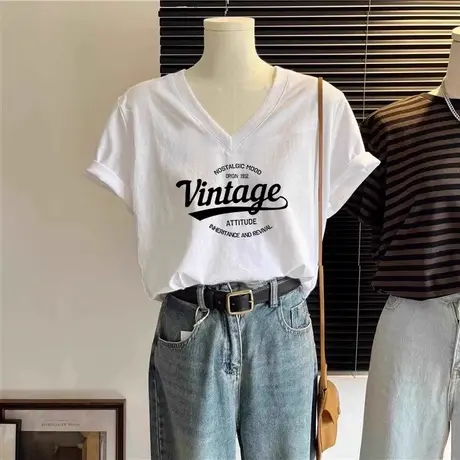 美式复古chic大码T恤女纯棉V领设计感短袖ins潮小众情侣装上衣夏商品大图