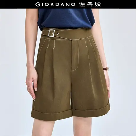 佐丹奴短裤女装纯棉梭织撞色线搭带压褶休闲短裤 18404205商品大图