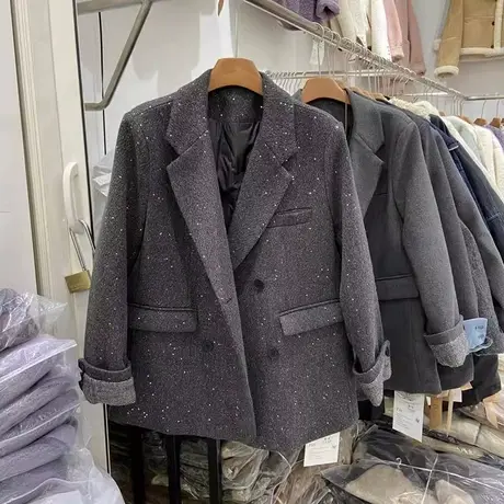 欧洲站闪闪亮片毛呢西装外套女2025冬季新款高级感加棉加厚上衣商品大图
