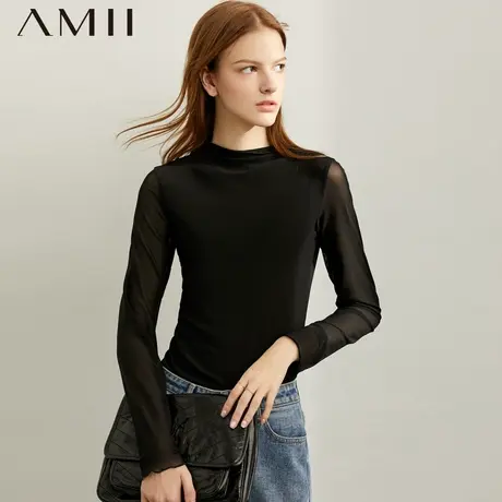 Amii黑色T恤女2025夏季新款半高领修身显瘦黑色打底衫网纱上衣图片