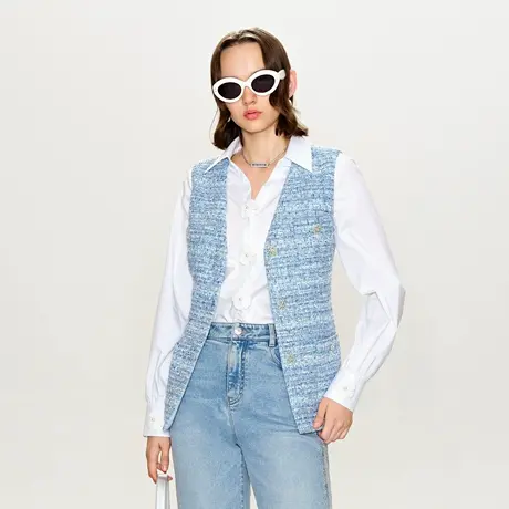 可可尼COCOON 商场同款春季时尚穿搭外套上衣蓝色粗花呢马甲开衫商品大图