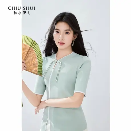秋水伊人新中式立领盘扣针织衫秋新款女优雅显瘦弹力短袖T恤图片