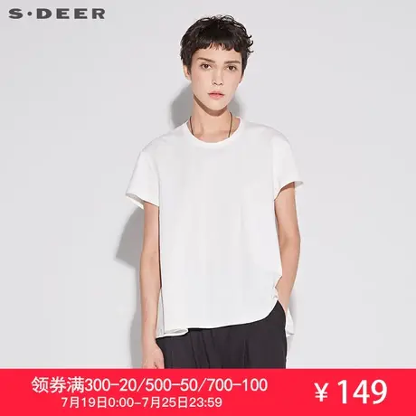 sdeer圣迪奥2019夏装新款休闲圆领松紧拼接短袖宽松T恤 S18260185图片