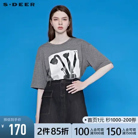 sdeer圣迪奥夏季圆领花卉胶印落肩基本款通勤OLT恤女S20260124图片