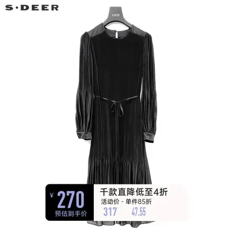 sdeer圣迪奥女装春装圆领收腰压褶丝绒长袖连衣裙S223Z126E图片