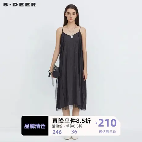 S·�R圣迪奥女装简约通勤休闲网纱波点吊带连衣裙S223Z125F商品大图