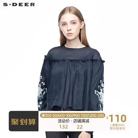 sdeer圣迪奥甜美圆领花卉刺绣木耳边弧形下摆长袖衬衫S19380526图片