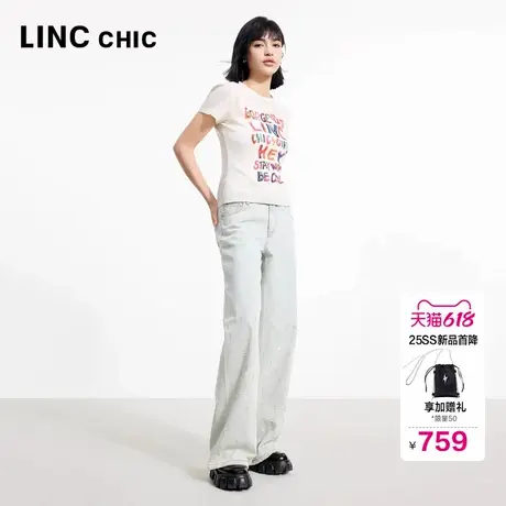 LINC金羽杰破洞牛仔裤子女2025新款宽松直筒裤烫钻牛仔裤女002YY图片