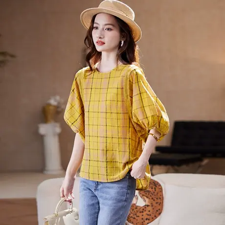 宝诗黎【新品价168元】圆领蝙蝠袖格子衬衫CCF1037商品大图