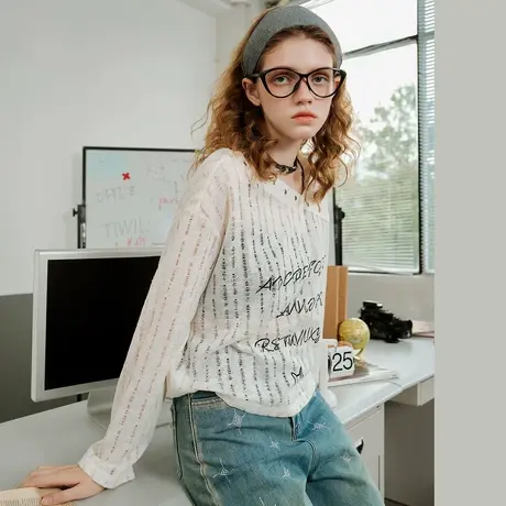 a02纯欲辣妹小个子印花长袖罩衫2025春季休闲女式T恤图片