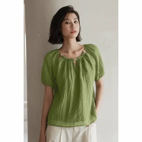 弥古复古绿色天丝衬衣女夏季薄款宽松短袖显瘦肌理感法式休闲上衣商品大图