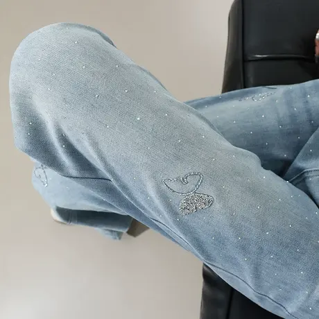 莱赛尔天丝牛仔裤女夏季薄款高腰宽松垂感直筒蝴蝶贴钻阔腿拖地裤商品大图