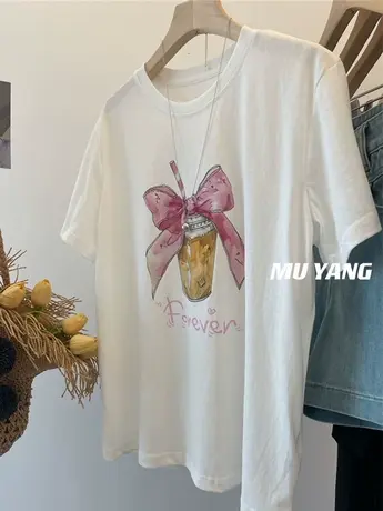 粉蝴蝶结奶茶杯印花短袖T恤韩系两色入圆领套头百搭白色上衣夏女商品大图