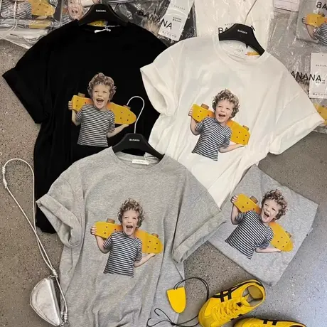 韩国东大门2025夏季新款美式休闲卡通男孩印花宽松短袖T恤上衣女商品大图